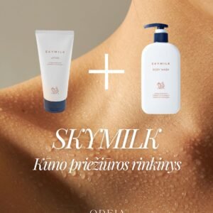 SKYMILK kūno priežiūros rinkinys – prausiklis ir losjonas jautriai odai