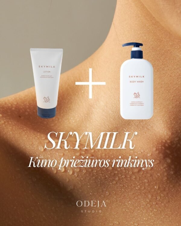 SKYMILK kūno priežiūros rinkinys – prausiklis ir losjonas jautriai odai